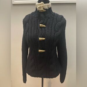 Club Monaco Black Wool Cable Knit Sweater with Wooden Toggles